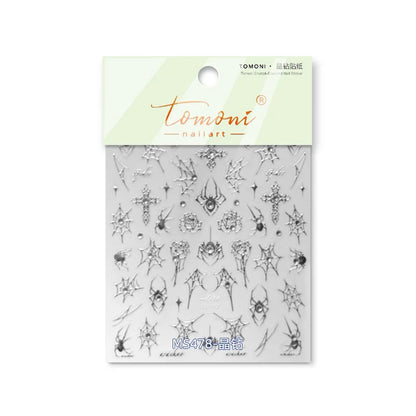 1 piece 5D Spider Web Nail Sticker Cross Silver White Black Glitter Transparent Rhinestone Rose Self-Adhesive Nail Art Sticker