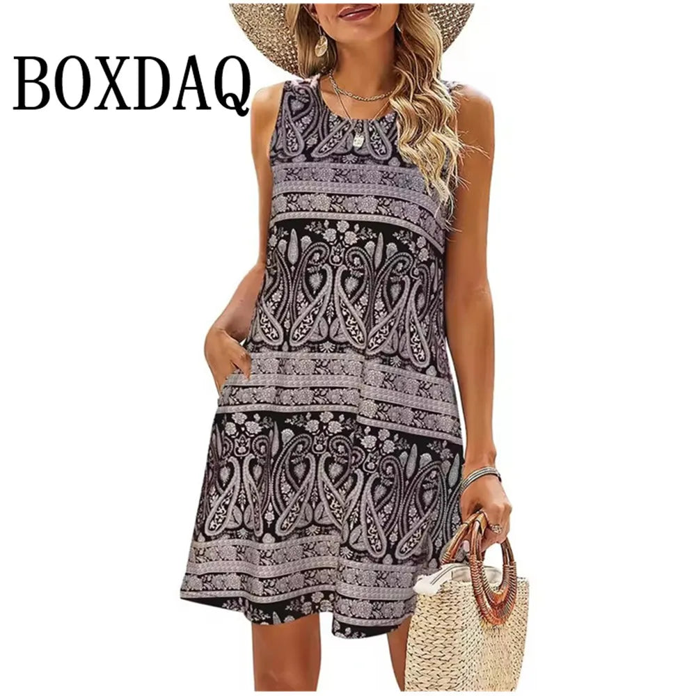 Women Beach Vacation Dress Women Summer Casual Tank Sleeveless Flowers Printed Mini Dresses Fashion Loose Plus Size Clothes 9XL