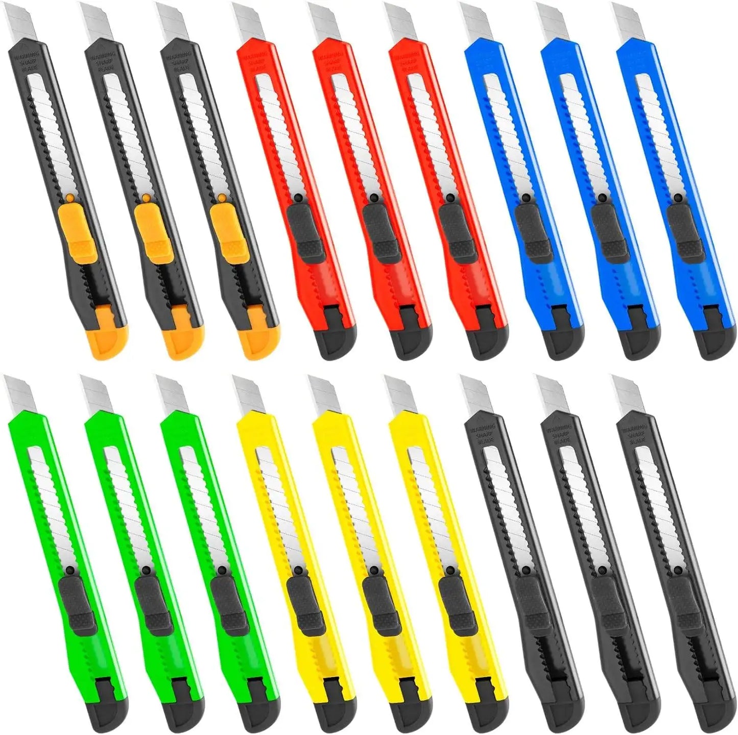 Cúter retráctil (paquete de 42, 30, 18 y 10 unidades), cuchilla multiusos de 9 mm con cuchilla desprendible y diseño de autobloqueo.