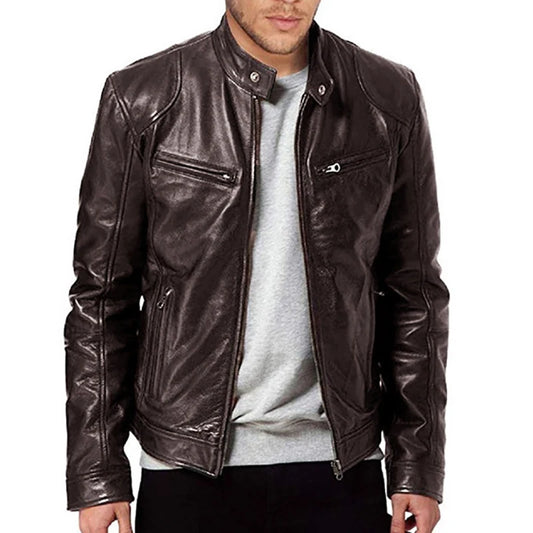 Chaquetas de cuero para motocicleta 2024, abrigo informal de moda para hombre, chaquetas de PU con solapa ajustada, abrigo de cuero antiviento para otoño para hombre