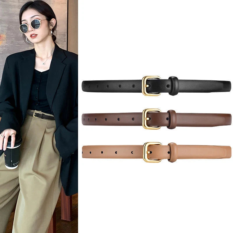 2.3cm Classic Women Leather Belt with Golden Square Buckle Thin Casual Dress Waist Band for Students Ladies Fashion Accessory