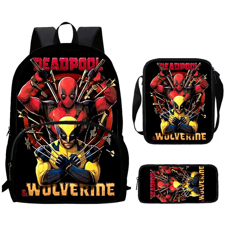 Mochilas para niños de 3 piezas con dibujos animados de DEADPOOL y WOLVERINE, mochila para estudiantes, bolso de hombro, estuche para lápices, regalo perfecto para niños y niñas.