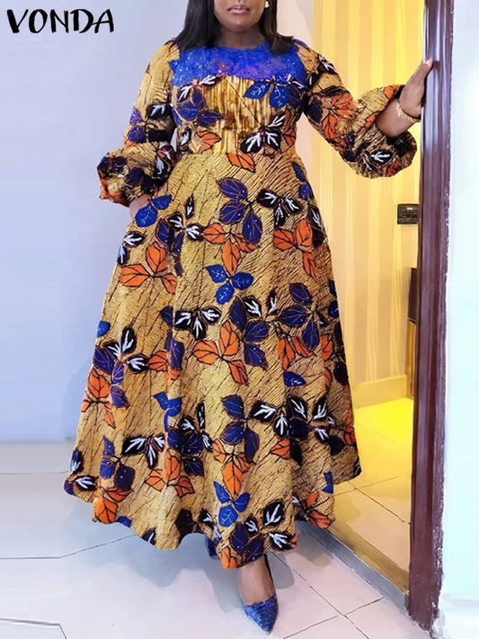 VONDA - Vestidos largos bohemios de talla grande para mujer, vestido informal con estampado floral de encaje y retazos, cuello redondo, elegante, 2024