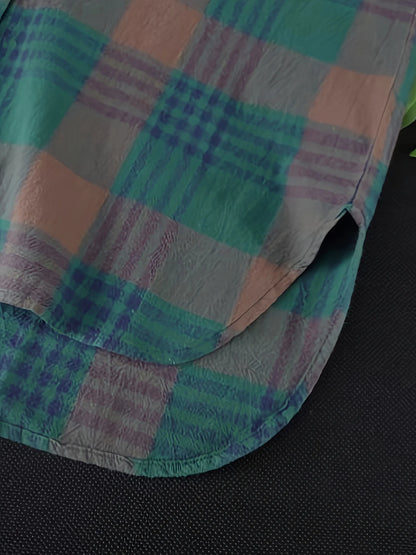 Blusa informal de manga larga holgada con cuello vuelto retro para mujer, camisa a cuadros de talla grande para primavera y verano, de largo medio