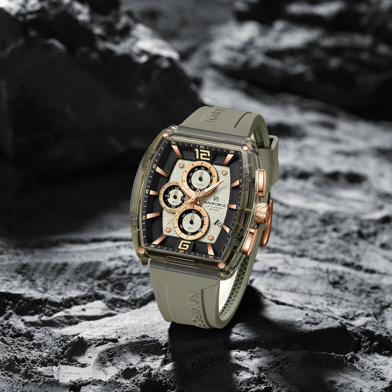 NAVIFORCE 6101 Casual Men's Quartz Watch Tonneau Dial Luminous Waterproof Silicone Strap Outdoor Sports Fashion Watches for Man