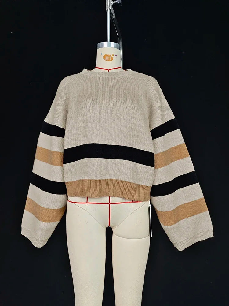 Beautyblue 2 Piece Sets Women Outfit Pant Sets 2025 New Round-Neck Pullovers Khaki Sweater Striped Wide Leg Pants Tops&Bottoms