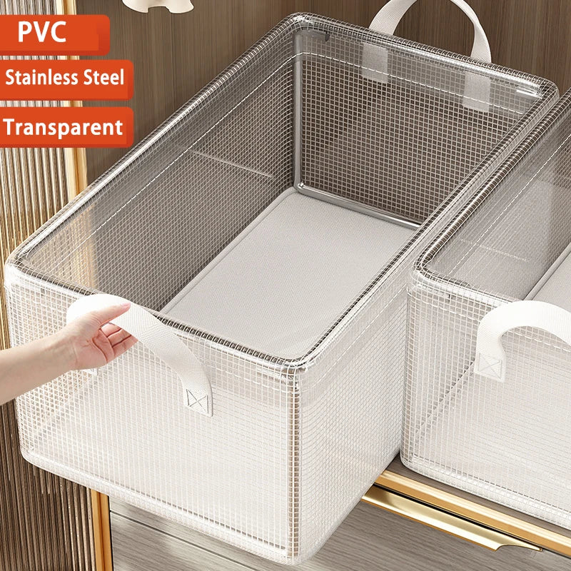 Cesta de almacenamiento transparente de PVC para ropa interior, caja de almacenamiento con marco de acero inoxidable, organizador de armario, caja de tela impermeable