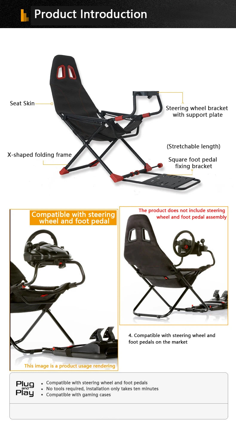 Inicio Simulador de juegos Simulador de carreras plegable Soporte de asiento Soporte de volante Experimentador de juegos de carreras