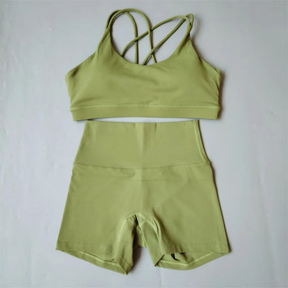 Women Gym Suit Yoga Clothes Shorts Leggings+ Bra 2-Piece Set Running Exercise Fitness Sportswear High Waist Cross Beautiful Back