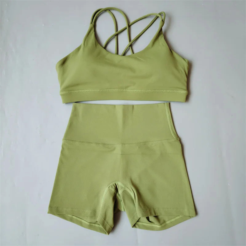 Women Gym Suit Yoga Clothes Shorts Leggings+ Bra 2-Piece Set Running Exercise Fitness Sportswear High Waist Cross Beautiful Back