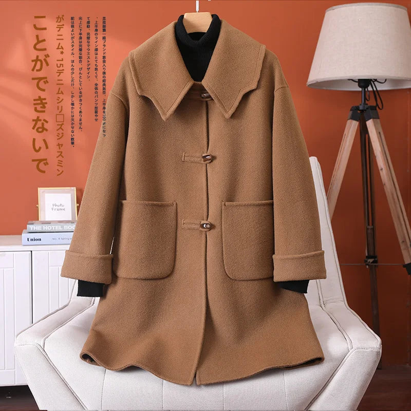 2025 Fashion Large Lapel Horn Button Women's Coat Autumn and Winter New Double-Sided Woolen 100%Pure Wool Warm Coat Large Pocket