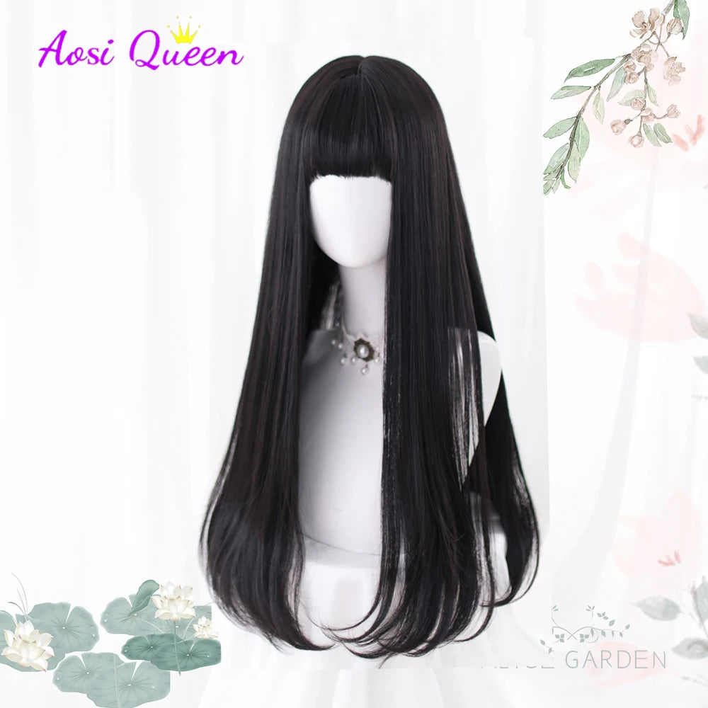 AS Long Straight Black Synthetic Wig For Women With Bangs Black Cosplay Lolita Wigs Heat Resistant Natural Hair