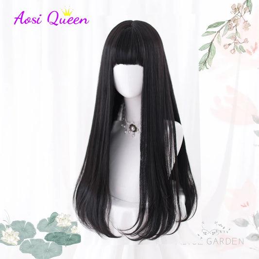 AS Long Straight Black Synthetic Wig For Women With Bangs Black Cosplay Lolita Wigs Heat Resistant Natural Hair