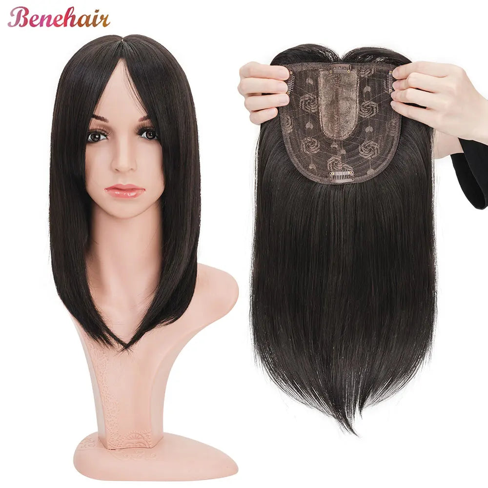 Benehair 14'' 18'' Hair Toppers with Bangs for Women Synthetic 6x6 Top Hairpieces Wigs Long Straight Clip in Hair Extension