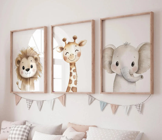 3pcs/set Watercolor Lion Giraffe and Elephant Canvas Poster Safari Animal Nursery Wall Art Prints for Modern Bedroom Home Decor