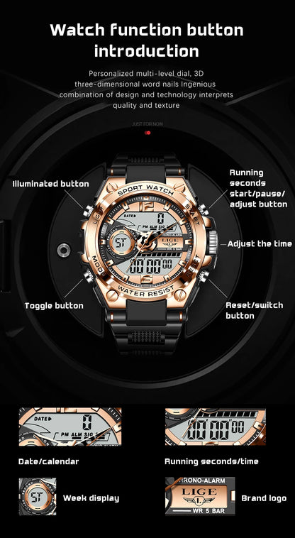 Reloj militar LIGE para hombre, digital, resistente al agua hasta 50 m, LED, de cuarzo, deportivo, grande, Masculino