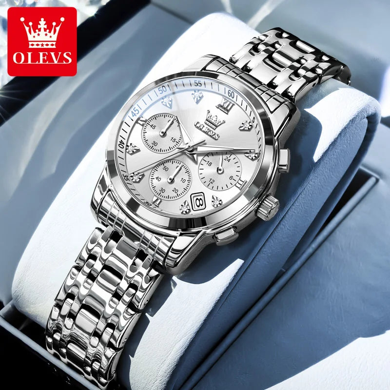 Relógio feminino Olevs de luxo quartzo a prova de agua calendário de pontos elegantes em estilo diamante