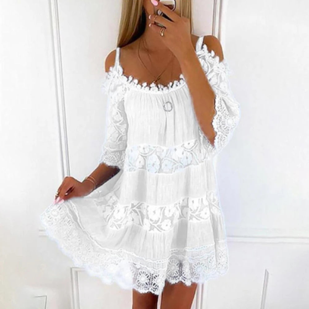 Vestido de verão plus size para senhoras, vestido de renda estilinque de cor sólida, vestido feminino elegante de cintura solta, casual na praia