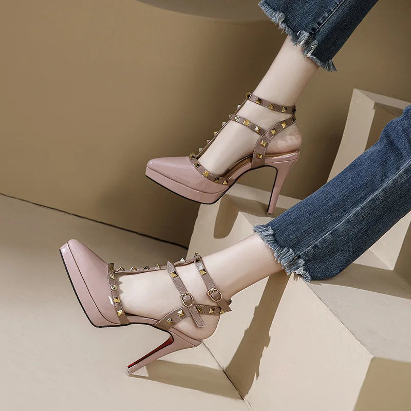 Fashion Buckle Strap Women Pumps 2024 New Summer 10CM 12CM Rivet Single Shoes Waterproof Platform Ladies Pointed Toe High Heels