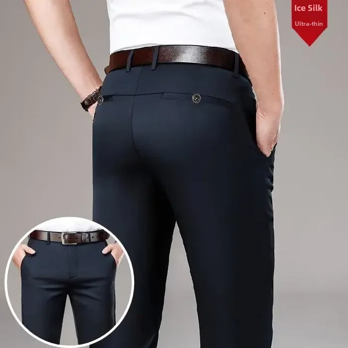 Pantalones casuales de seda helada para hombre, de negocios, formales, de verano, finos, rectos y holgados, para hombres de mediana edad.