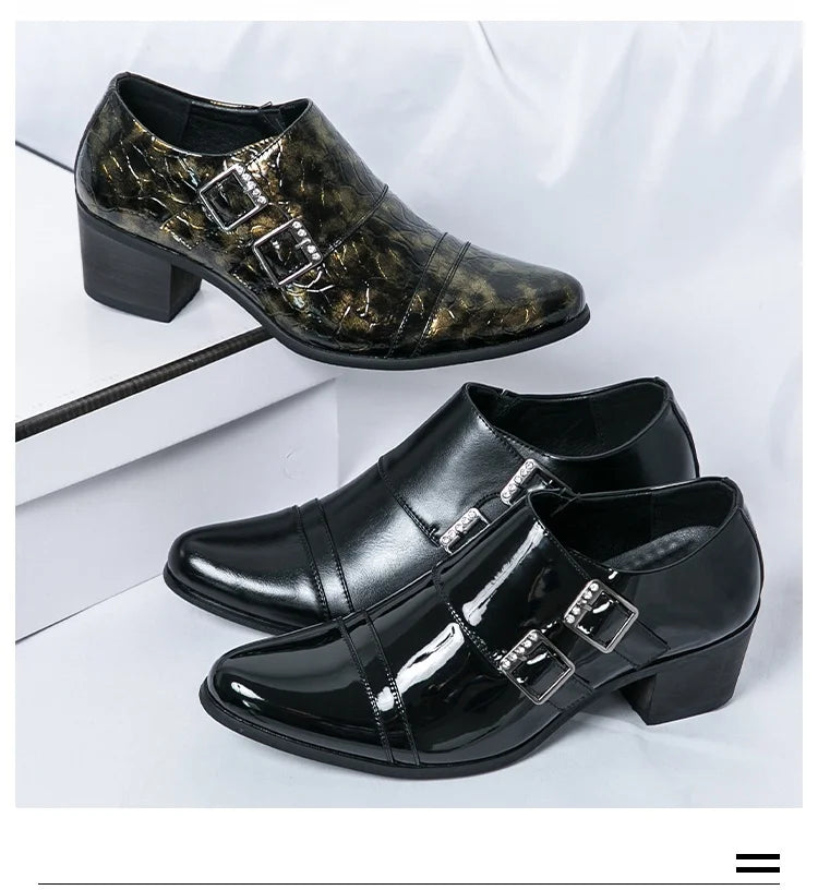 Fashion Buckle Leather Shoes For Men Big Size 46 Pointed Dress Shoes Man Quality Bussiness High Heels Shoes Man chaussure hommes
