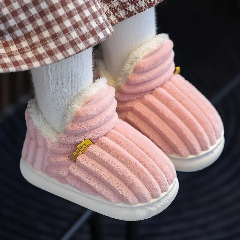 New Winter Concise Stripe Plush Slippers Children's Non-slip Soft Sole Kids Boys Girls Heel Wrap Warm High Home Cotton Shoes