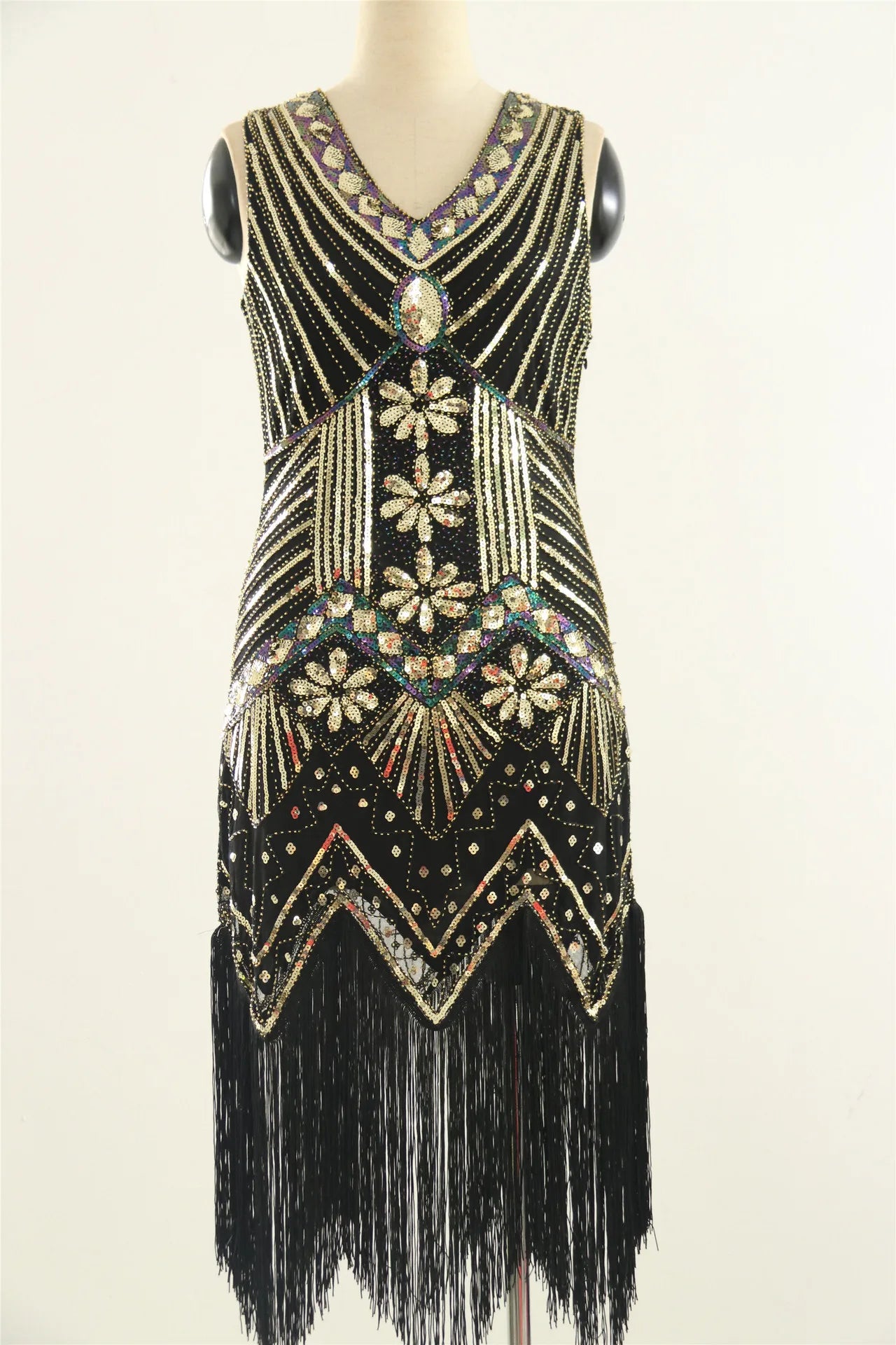 Vestido vintage Mandylandy para mujer, estilo retro de los años 20, estilo Gran Gatsby, con lentejuelas, sin mangas, para fiesta de baile, graduación y dobladillo con borlas.