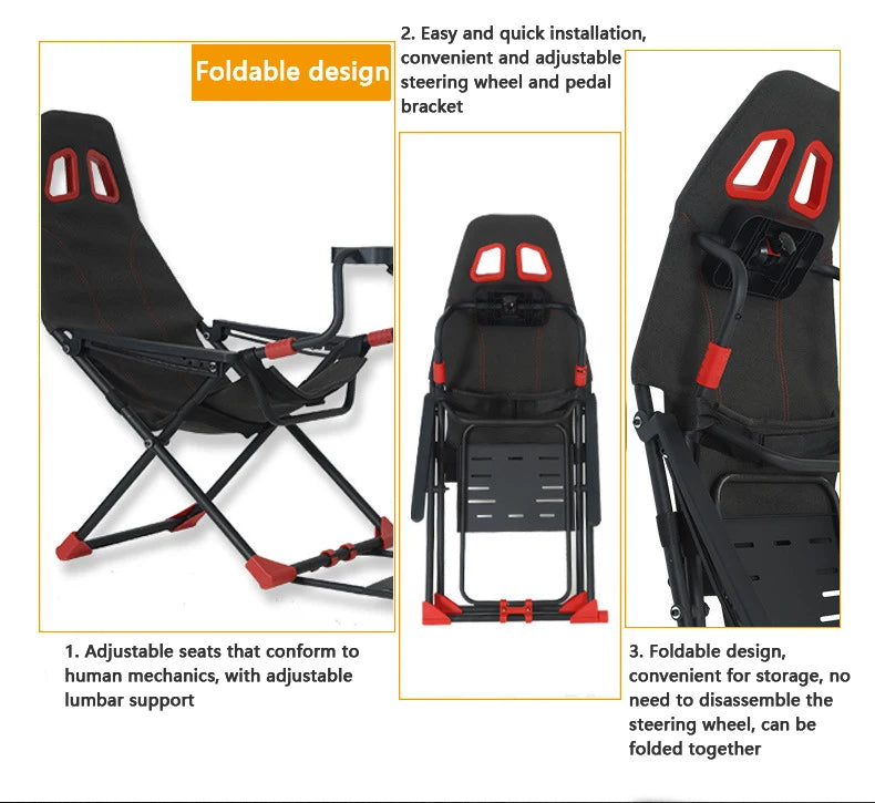 Inicio Simulador de juegos Simulador de carreras plegable Soporte de asiento Soporte de volante Experimentador de juegos de carreras