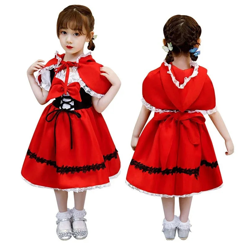 Girls Halloween Costume Fancy Dress Children Little Red Riding Hood Cosplay Dress Princess Baby Party Cosplay With Cape
