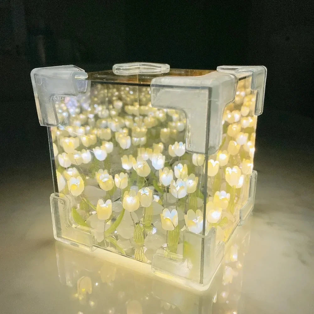 2025 DIY Tulip Sea Rubik's Cube Mirror Night Light Car Decoration Materials Handmade Birthday Gifts for Friends and Colleagues