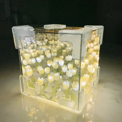 2025 DIY Tulip Sea Rubik's Cube Mirror Night Light Car Decoration Materials Handmade Birthday Gifts for Friends and Colleagues