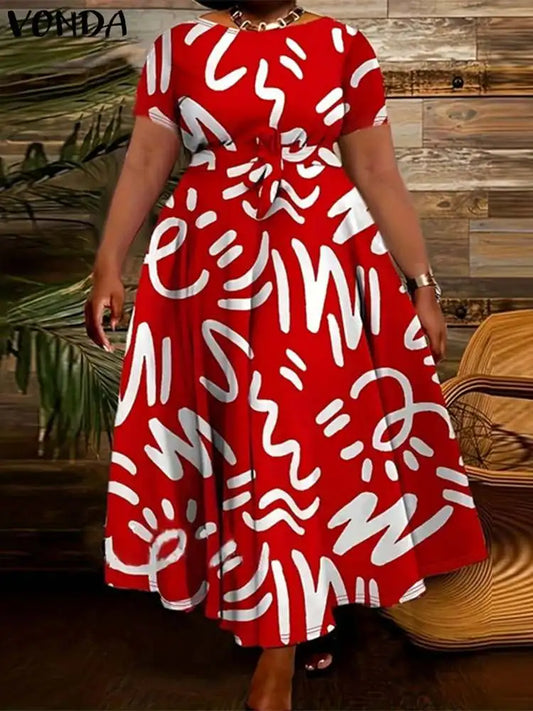 Vestido de verano VONDA de talla grande 5XL para mujer, vestido de fiesta largo con cinturón a la moda 2024, vestido de verano estampado vintage, vestido informal, bata