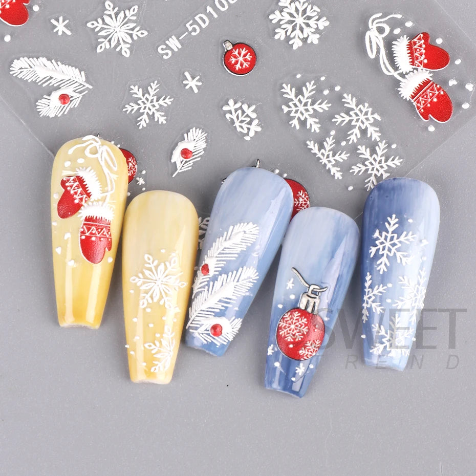 5D Red Christmas Nail Stickers Glitter Embossed Snowflake Gloves Feather Bulb Bells Winter Xmas DIY Engraved Manicure Decoration