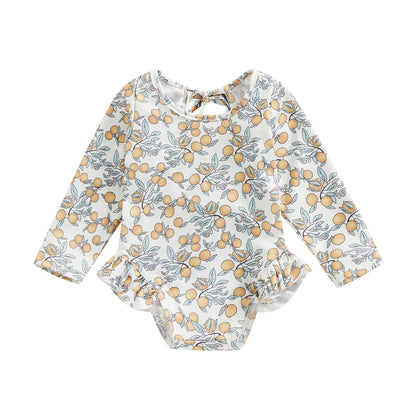 Traje de baño de verano para niñas pequeñas, estampado floral, sin espalda, con volantes, manga larga, ropa de playa para niñas de 0 a 4 años