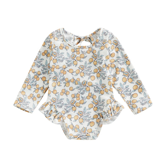 Traje de baño de verano para niñas pequeñas, estampado floral, sin espalda, con volantes, manga larga, ropa de playa para niñas de 0 a 4 años