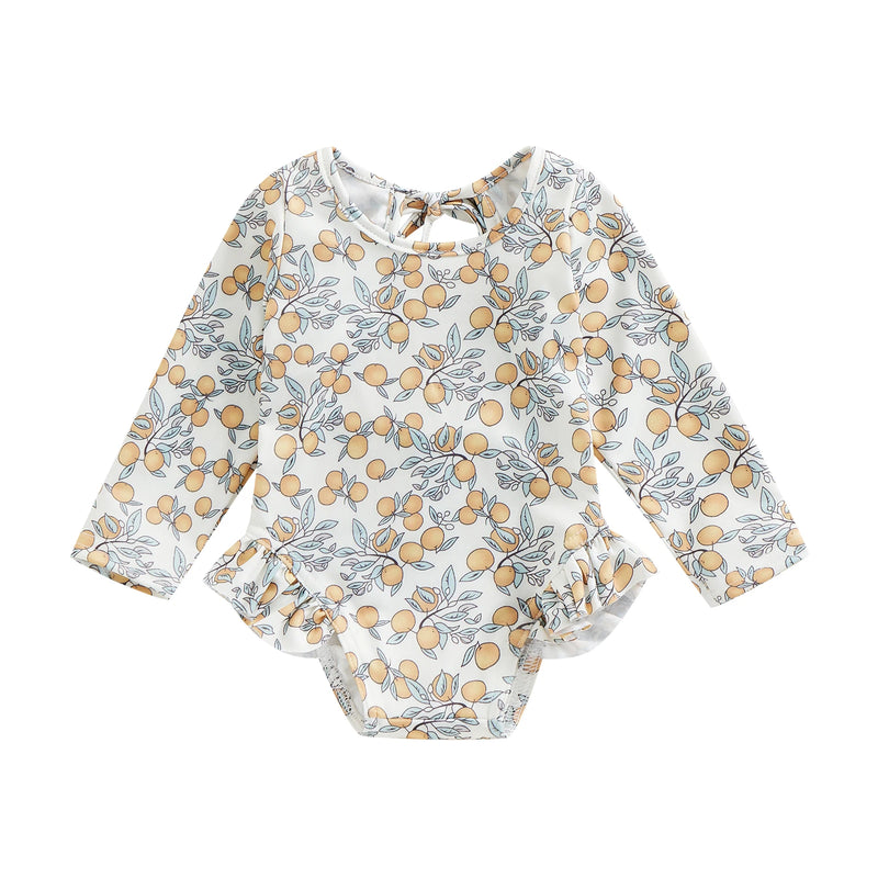 Kids Baby Girl Summer Swimwear Floral Print Backless Ruffles Long Sleeve Bodysuit Bathing Suit Girls Beachwear 0-4 Years