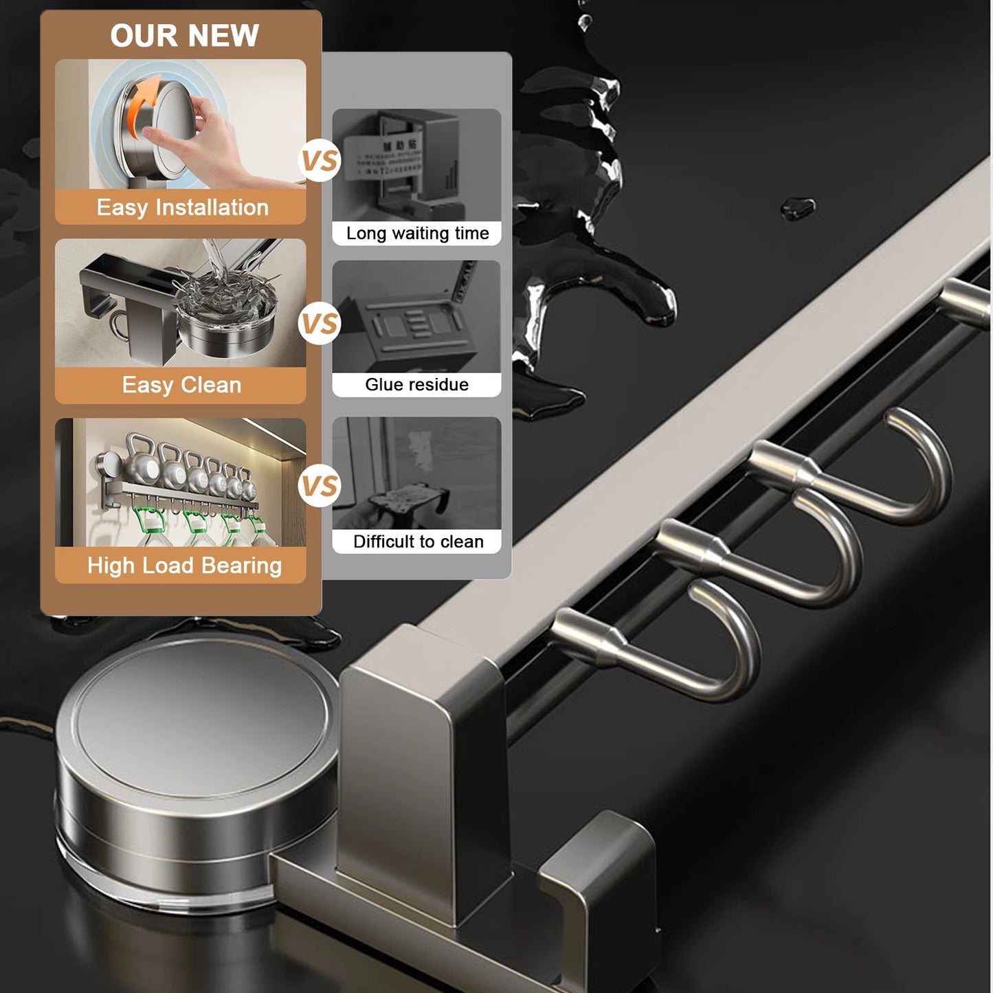 Perchero de cocina de pared con ganchos, sin necesidad de perforar, para colgar utensilios de cocina, cucharas, palas y tablas de cortar.