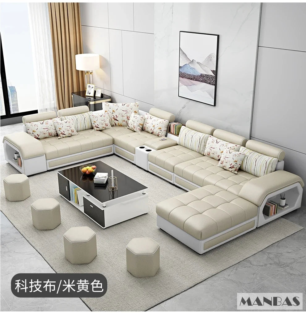 Linlamim Fabric Sofa Set Furniture Living Room Sofa Set with USB and Stools / Big U Shape Cloth Couch Sofas for Home Furniture