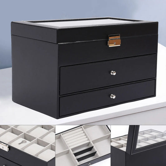 Caja de 3 capas de cuero negro para reloj y gafas de sol, joyero para hombre y mujer, organizador de reloj, collar, anillo, almacenamiento de pendientes