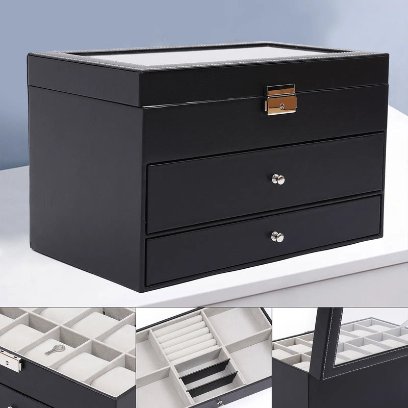 Caja de 3 capas de cuero negro para reloj y gafas de sol, joyero para hombre y mujer, organizador de reloj, collar, anillo, almacenamiento de pendientes