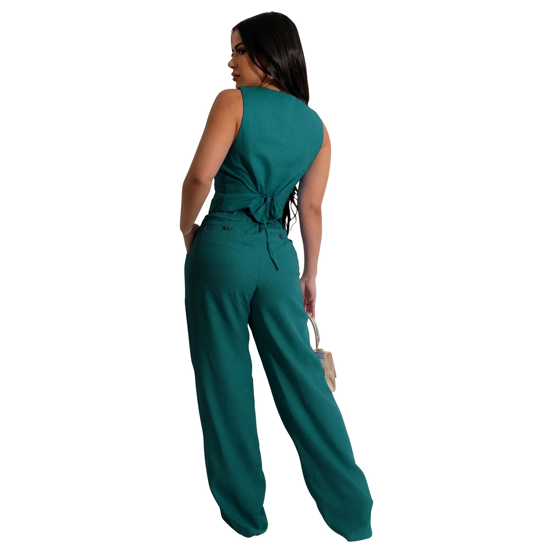 Fashion Sleeveless Vest Pants Women's Solid Color Suit Spring Summer V-Neck Ultra Short Top + Slim Pants Female Office 2 Piece Set