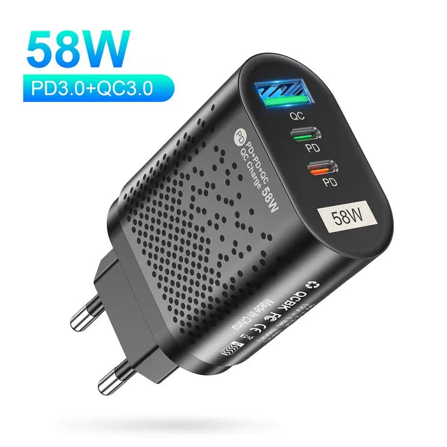 USLION-USB C Travel Fast Charging Charger, Tablet, Laptop, PD, Quick Charge 3.0, Wall Phone Adapter, iPhone 15, Xiaomi, 58W