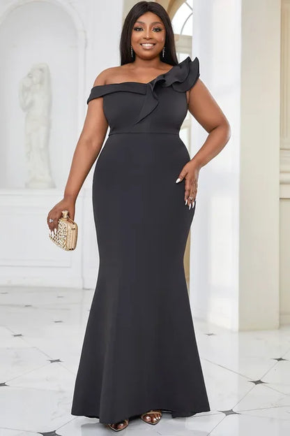 Vestido elegante de talla grande para mujer, asimétrico, con volantes, de noche, de cóctel, sin mangas, ajustado, largo, ajustado, monocromático, maxi, a la moda. 