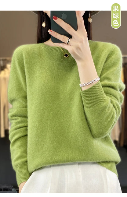 100% Merino Wool Sweater Women O-neck Cashmere Knitwear Female Pullover Autumn Winter Casual Tops Solid Color Soft  Clothing
