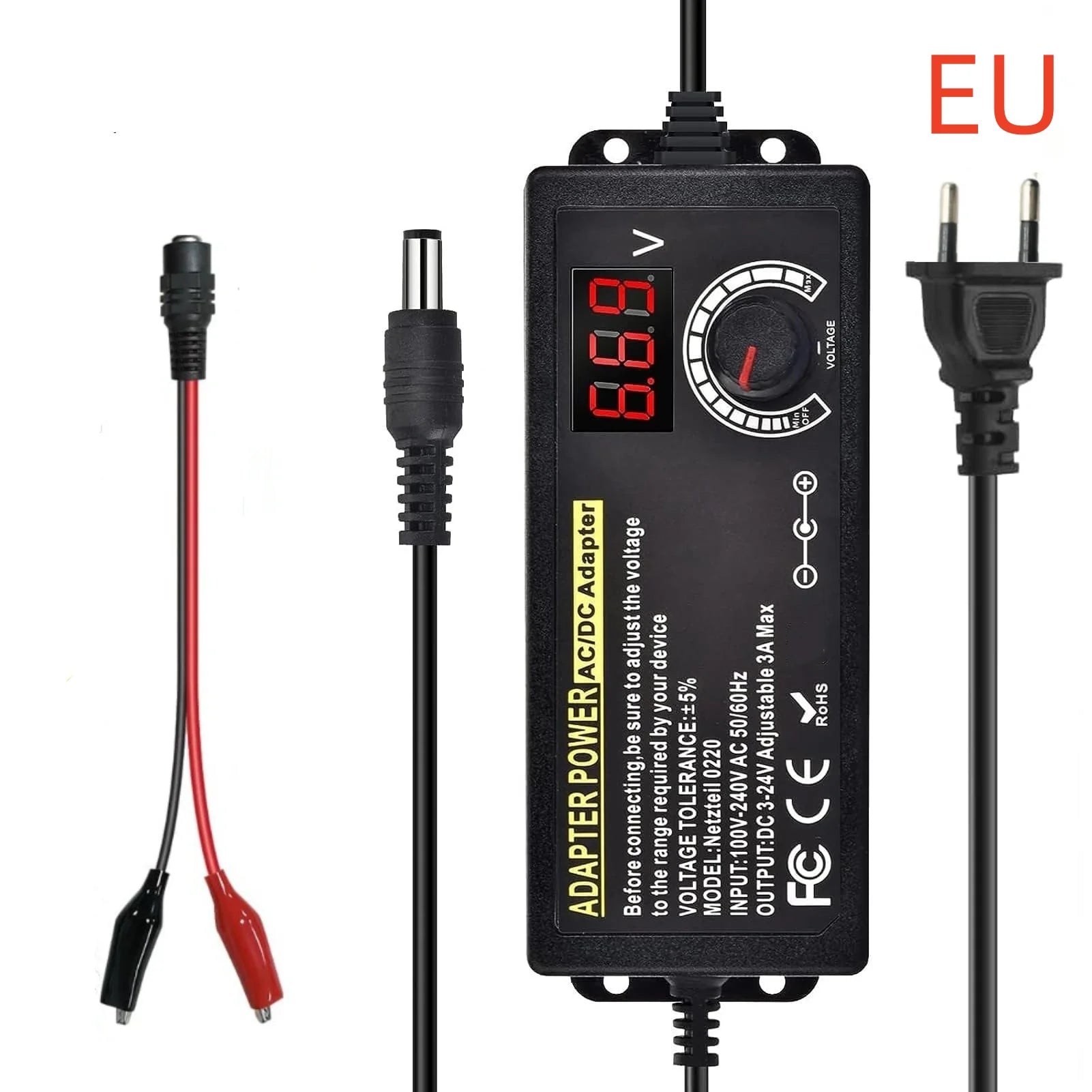 AC to DC Power Supply Adjustable Laboratory Supply Power Source 3V-24V-3A Portable Universal Adapter EU/US Plug Alligator Clip