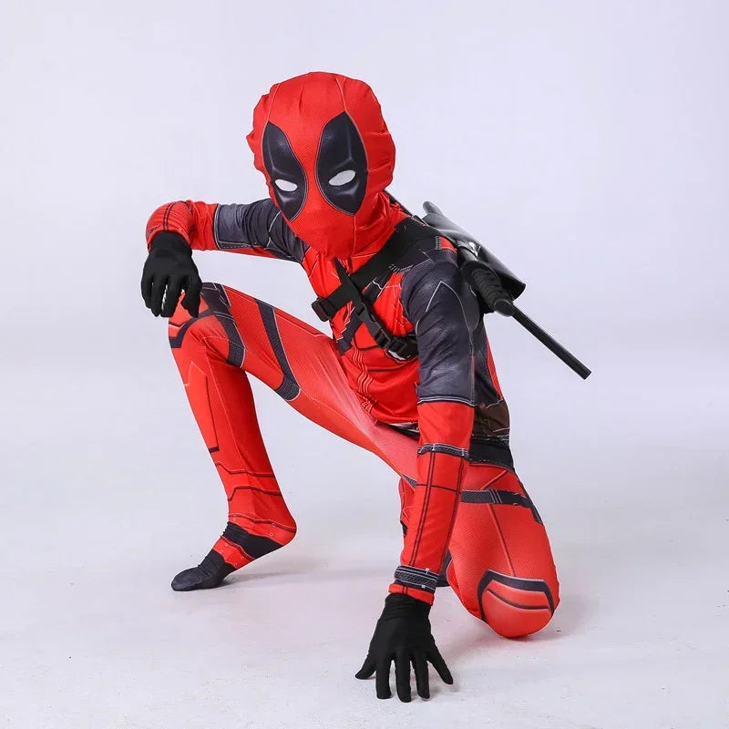 Adult Deadpool Costume Men Women Kids Cosplay Mask Suit Jumpsuit Backpack Knife Accessories Superhero Halloween Costume Child