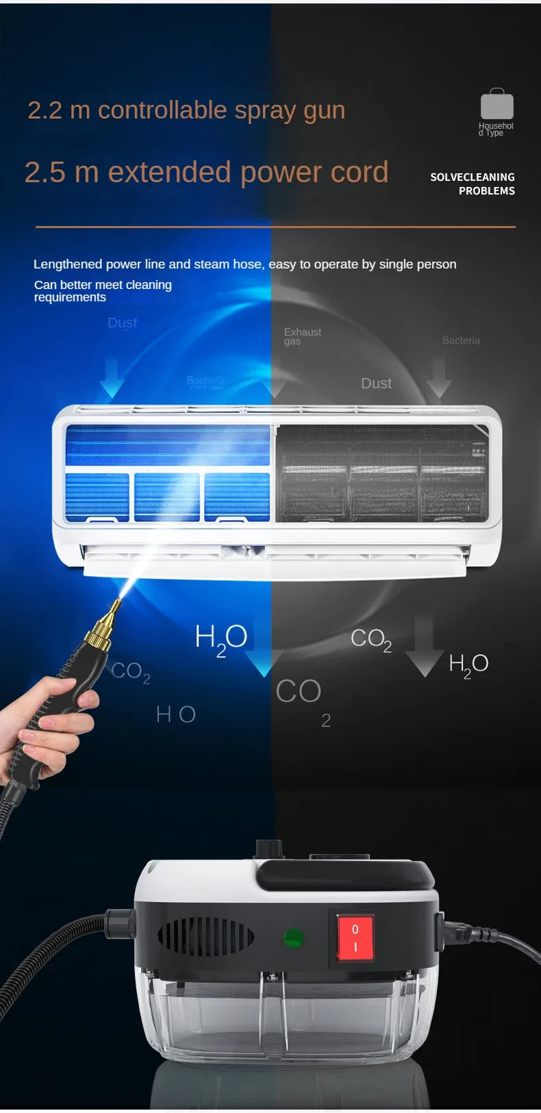 2500W Steam Cleaner High Temperature Jet Washer Range Hood for Kitchen Air Conditioner Car Cleaning Machine Home Appliances