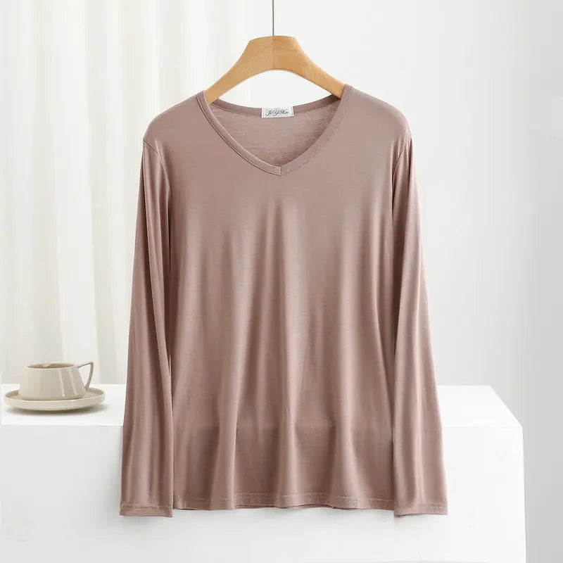 Modal Bottoming Tshirt Long sleeves thin Mask T-shirts Solid color V-Neck Base Tee Tops Plus size loose undershirt all match