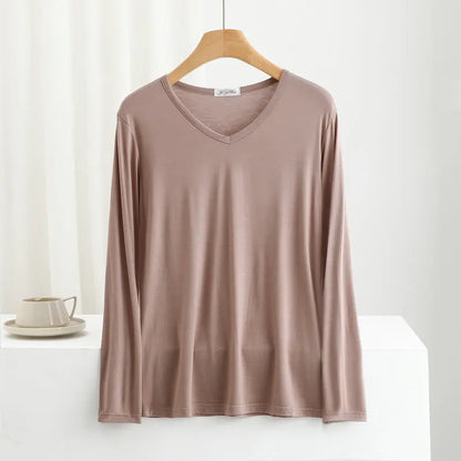 Modal Bottoming Tshirt Long sleeves thin Mask T-shirts Solid color V-Neck Base Tee Tops Plus size loose undershirt all match