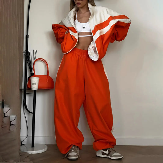 Chaqueta de cuello alto con contraste de colores a rayas, ropa de abrigo, pantalones casuales holgados de otoño, traje deportivo para mujer, traje de dos piezas